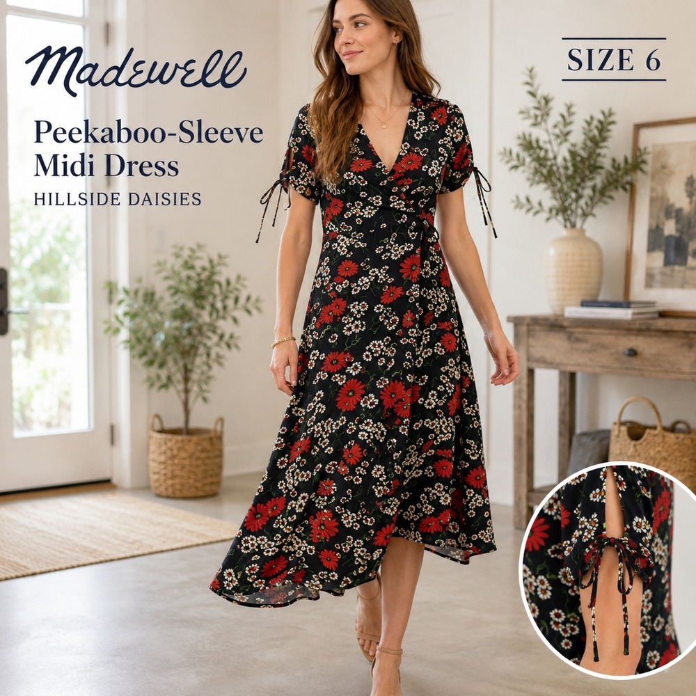 Madewell Peekaboo Sleeve Midi Dress 6 Hillside Daisies Floral Navy Red Feminine